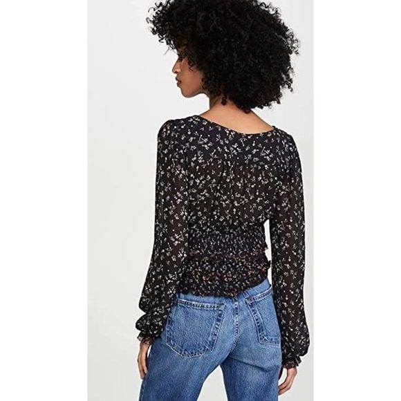 FREE PEOPLE L Floral Printed Lolita Peasant Top in Black Multi Floral - Picture 5 of 12